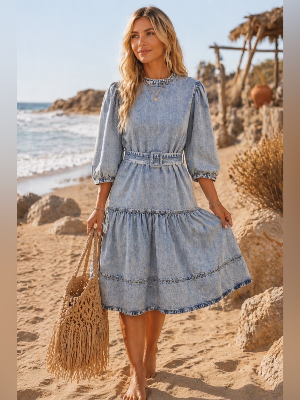 Front Row by Sara & Goldy Boho Denim Belted Midi Dress – Tiered | Puff Sleeve - Picture 5 of 12